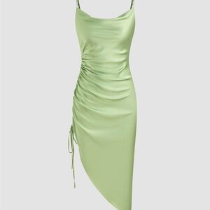 Cider Green Asymmetrical Ruched Slip Dress